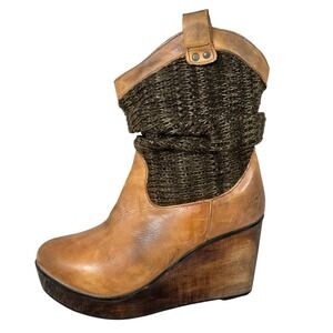 Bed Stu Bruges Brown Leather Knit Cuff Wedge Platform Boots Wood Clog 10